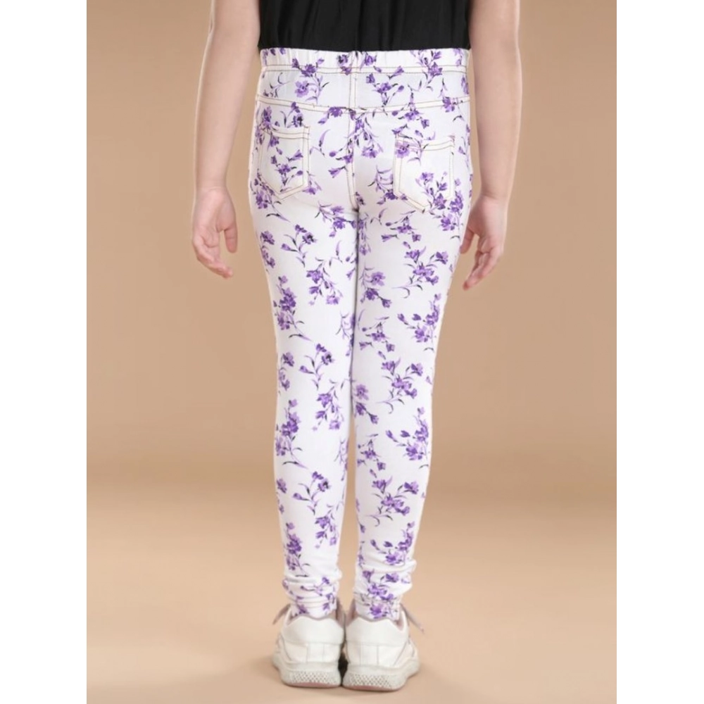 Girl's Cotton Lycra Floral Elasticated Jeggings (White-Lavender)