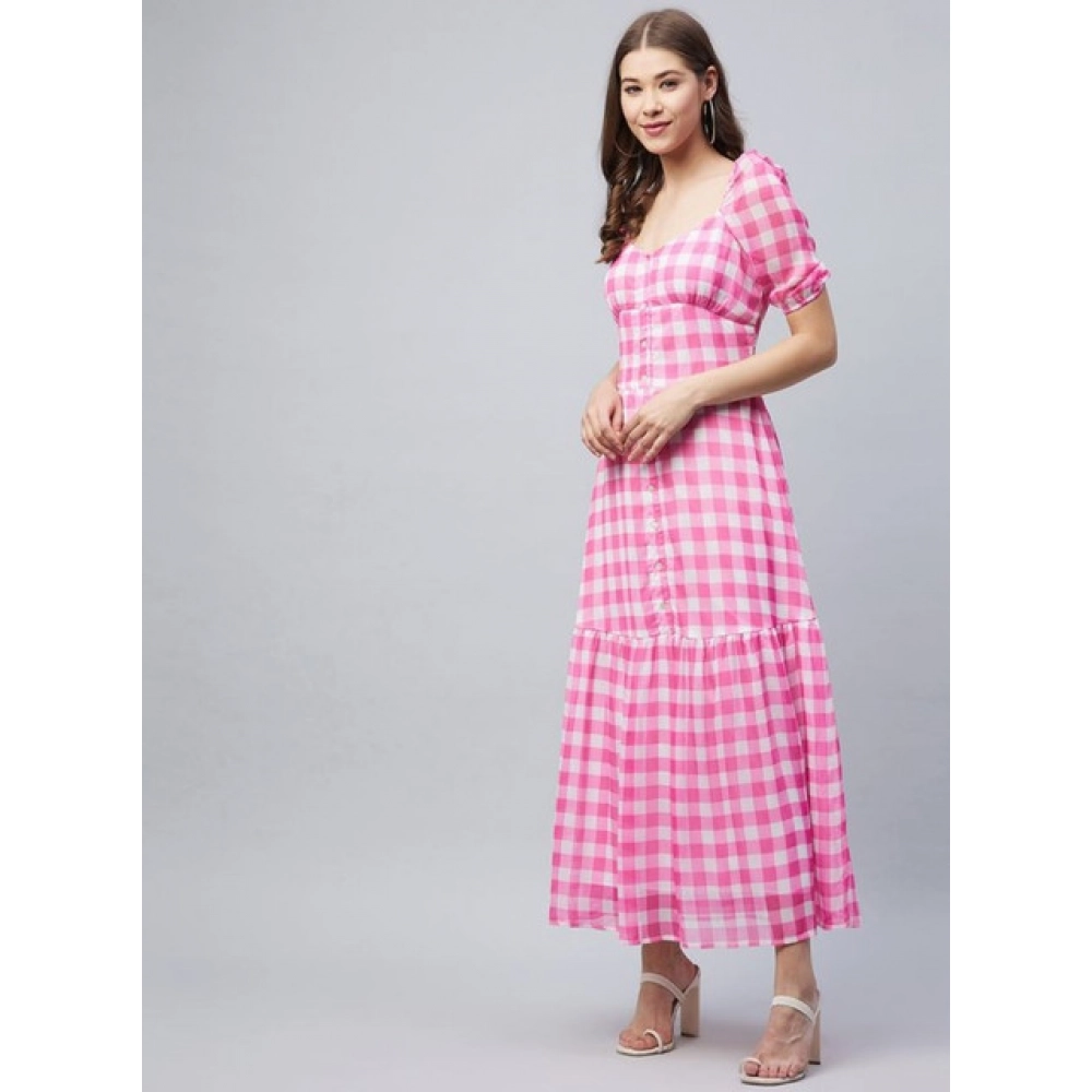 Women's Polyester Georgette Checkered Half Sleeve Dress (Pink) Women's Polyester Georgette Checkered Half Sleeve Dress (Pink)