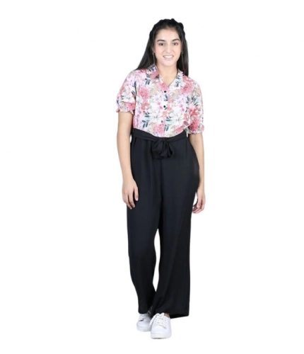 Girl's Polyester Floral Short Sleeves Jumpsuit (White-Black)
