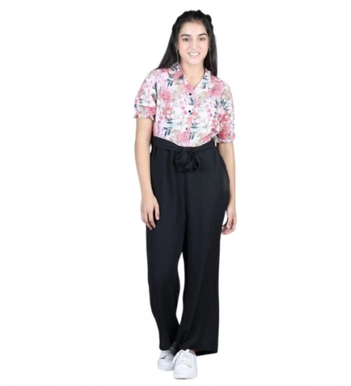 Girl's Polyester Floral Short Sleeves Jumpsuit (White-Black)