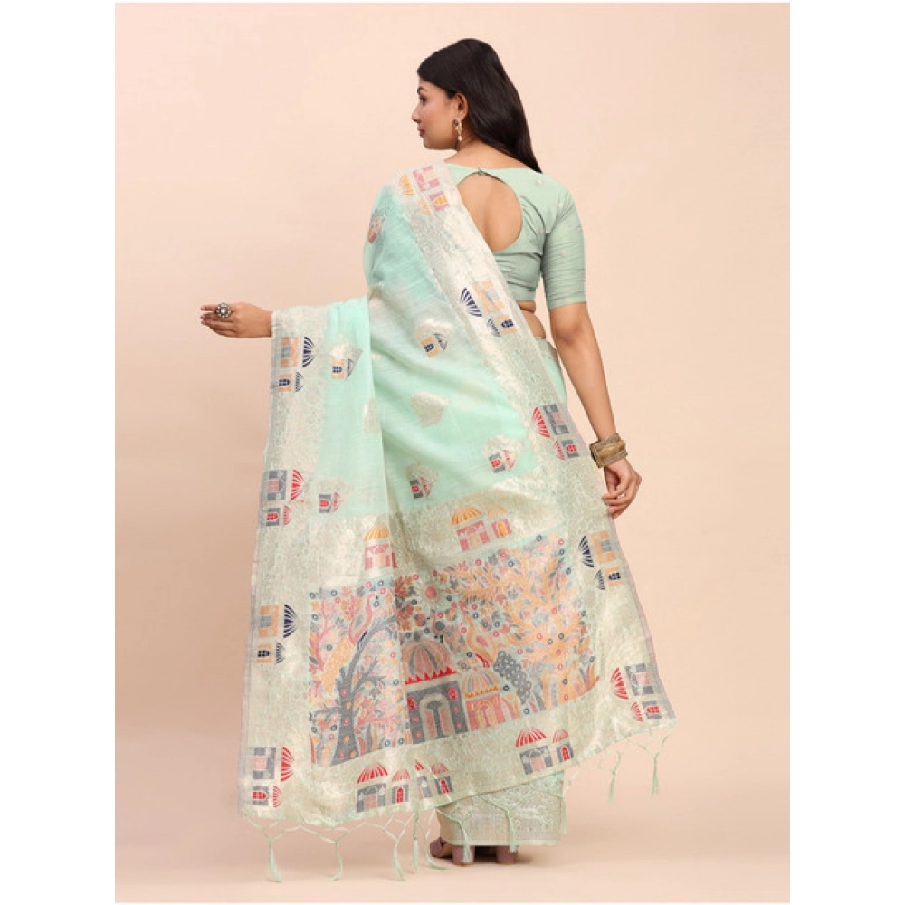 Women's Linen Cotton Printed Saree With Unstitched Blouse 5.5Mtr (Sea Green) Women's Linen Cotton Printed Saree With Unstitched Blouse 5.5Mtr (Sea Green)