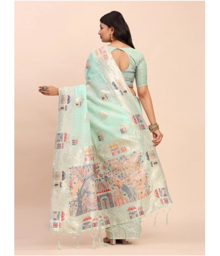 Women's Linen Cotton Printed Saree With Unstitched Blouse 5.5Mtr (Sea Green)