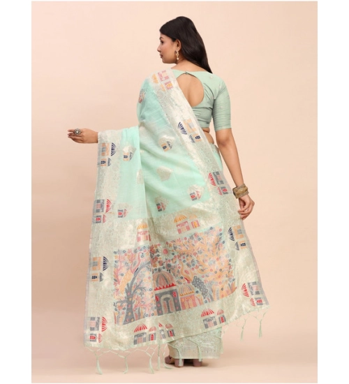 Women's Linen Cotton Printed Saree With Unstitched Blouse 5.5Mtr (Sea Green) Women's Linen Cotton Printed Saree With Unstitched Blouse 5.5Mtr (Sea Green)