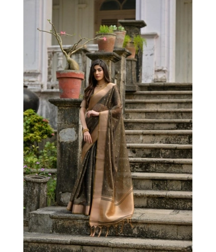 Women's Silk_Blend Butti Pattern Saree With Unstitched Blouse 5.5Mtr (Coffee)