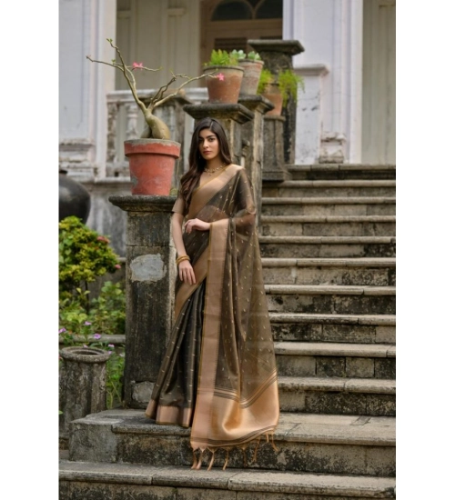 Women's Silk_Blend Butti Pattern Saree With Unstitched Blouse 5.5Mtr (Coffee)