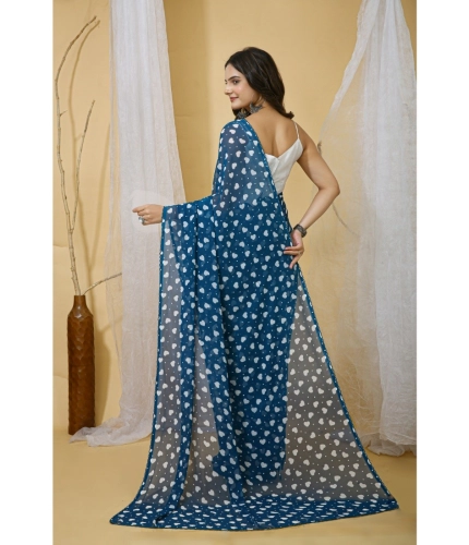 Women's Georgette Printed Saree With Unstitched Blouse 5.5Mtr (Blue)