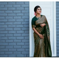 Women's Litchi silk Printed Saree With Unstitched Blouse (Green)