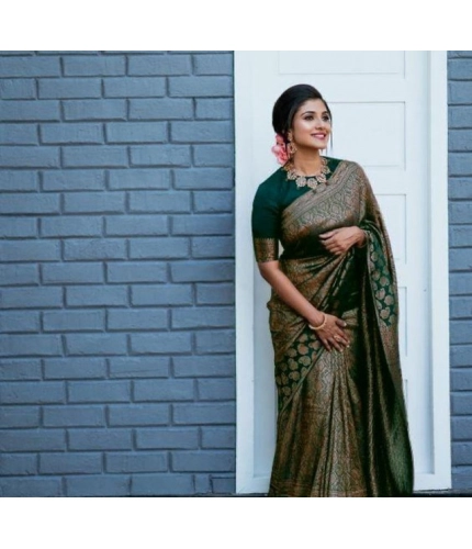 Women's Litchi silk Printed Saree With Unstitched Blouse (Green)