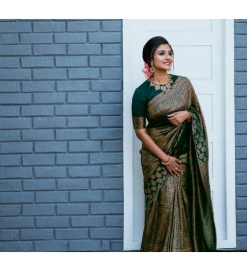 Women's Litchi silk Printed Saree With Unstitched Blouse (Green)