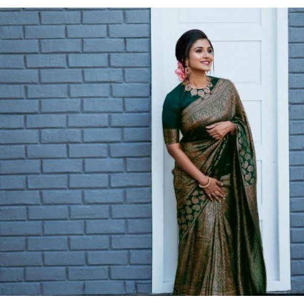 Dropship Women's Litchi silk Printed Saree With Unstitched Blouse (Green)