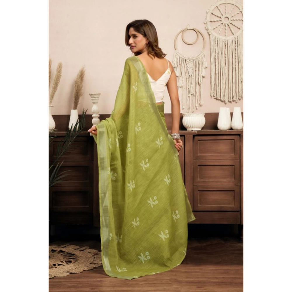 Women's Linen Cotton Printed Ready To Wear Saree With Unstitched Blouse 5.5 Mtr (Light_Green)