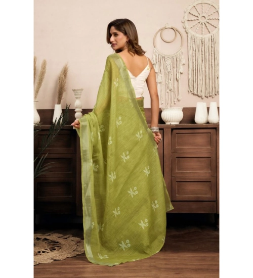 Women's Linen Cotton Printed Ready To Wear Saree With Unstitched Blouse 5.5 Mtr (Light_Green)