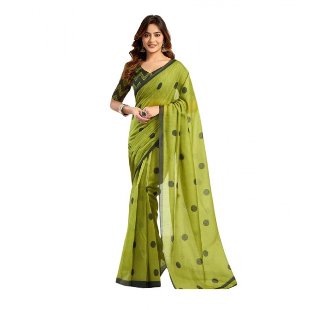 Women's Linen Cotton Printed Ready To Wear Saree With Unstitched Blouse 5.5 Mtr (Green)