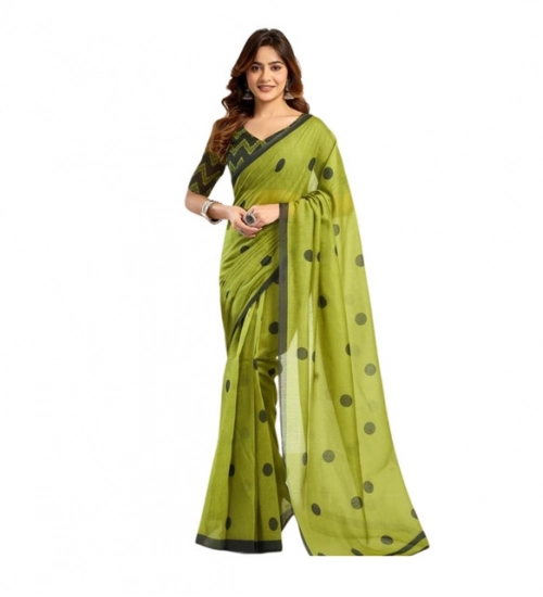 Women's Linen Cotton Printed Ready To Wear Saree With Unstitched Blouse 5.5 Mtr (Green)