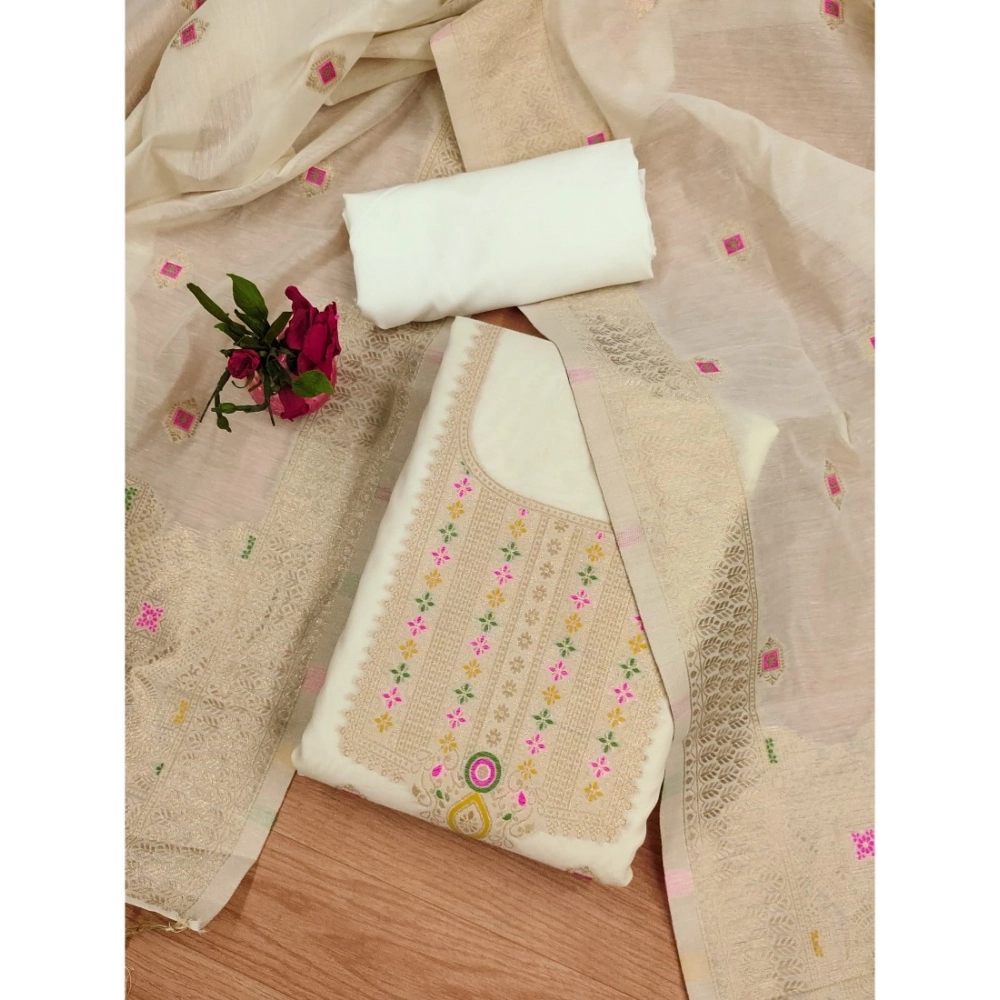 Women's Banarasi Silk Printed Unstitched Salwar Suit Material With Dupatta (White, 3Mtrs)