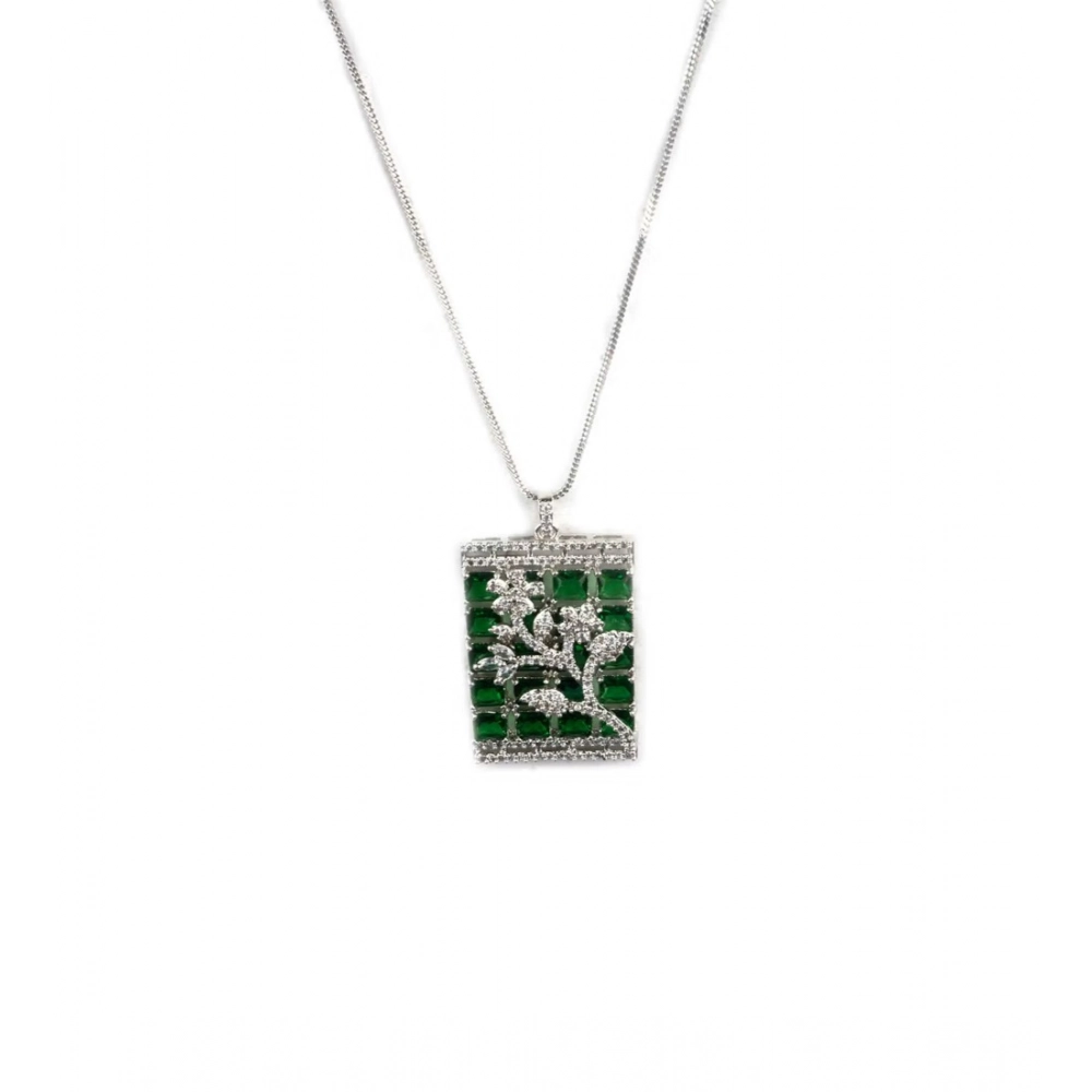 Women's Brass Silver Plated Pendant Set (Green)