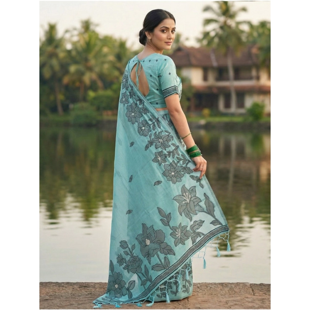Women's Linen Cotton Printed Saree With Unstitched Blouse 5.5Mtr (Sea Green) Women's Linen Cotton Printed Saree With Unstitched Blouse 5.5Mtr (Sea Green)