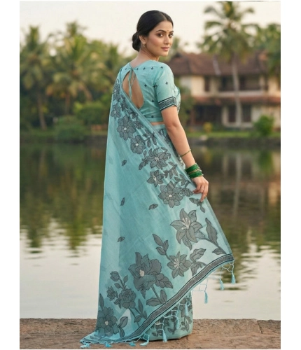 Women's Linen Cotton Printed Saree With Unstitched Blouse 5.5Mtr (Sea Green)