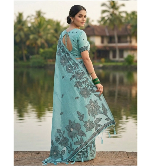 Women's Linen Cotton Printed Saree With Unstitched Blouse 5.5Mtr (Sea Green) Women's Linen Cotton Printed Saree With Unstitched Blouse 5.5Mtr (Sea Green)