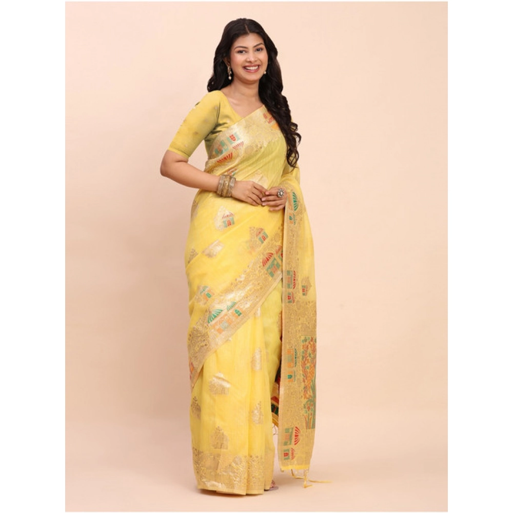 Women's Linen Cotton Printed Saree With Unstitched Blouse 5.5Mtr (Yellow) Women's Linen Cotton Printed Saree With Unstitched Blouse 5.5Mtr (Yellow)