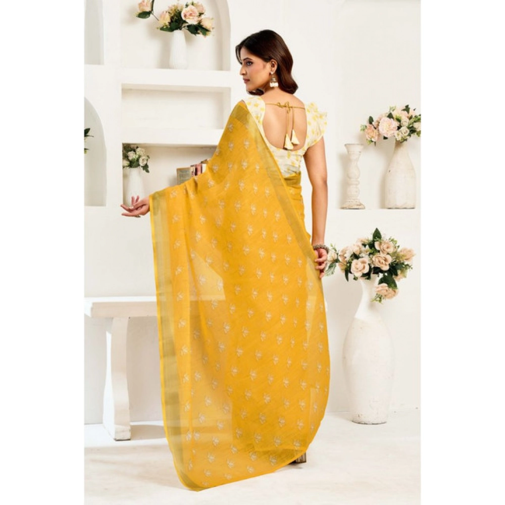 Women's Linen Cotton Printed Ready To Wear Saree With Unstitched Blouse 5.5 Mtr (Yellow) Women's Linen Cotton Printed Ready To Wear Saree With Unstitched Blouse 5.5 Mtr (Yellow)