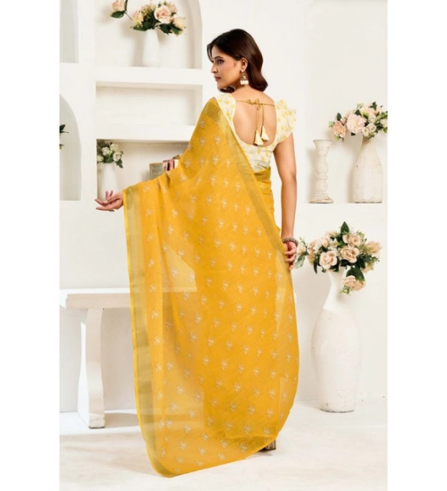 Women's Linen Cotton Printed Ready To Wear Saree With Unstitched Blouse 5.5 Mtr (Yellow) Women's Linen Cotton Printed Ready To Wear Saree With Unstitched Blouse 5.5 Mtr (Yellow)