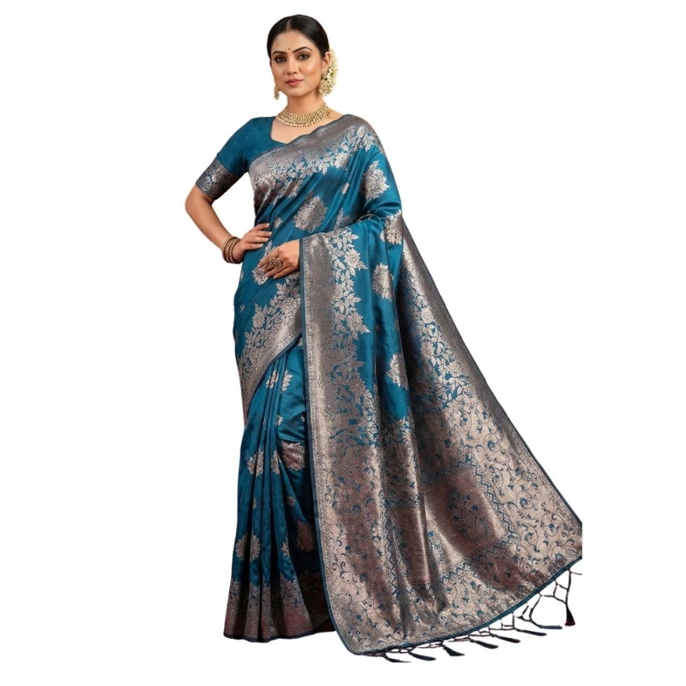 Women's Silk Blend Printed Saree With Unstitched Blouse 5.5Mtr (Teal Blue) Women's Silk Blend Printed Saree With Unstitched Blouse 5.5Mtr (Teal Blue)