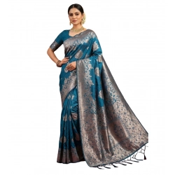 Women's Silk Blend Printed Saree With Unstitched Blouse 5.5Mtr (Teal Blue)