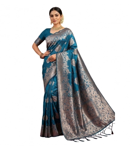 Women's Silk Blend Printed Saree With Unstitched Blouse 5.5Mtr (Teal Blue)