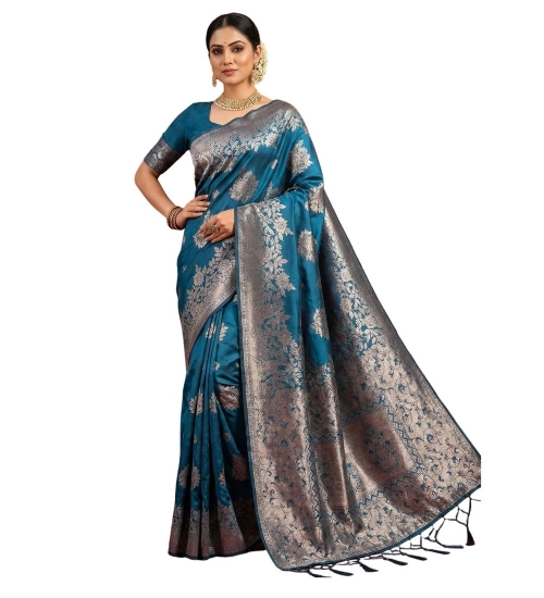Women's Silk Blend Printed Saree With Unstitched Blouse 5.5Mtr (Teal Blue)
