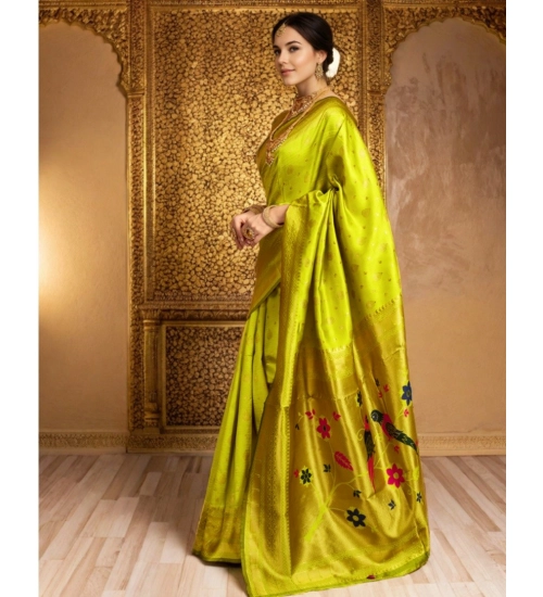 Women's Silk Blend Zari Weaving Saree With Unstitched Blouse 5.5Mtr (Lime-Green)