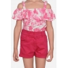 Girl's Cotton Floral Cold Shoulder Top and Shorts Set (Pink-Red)