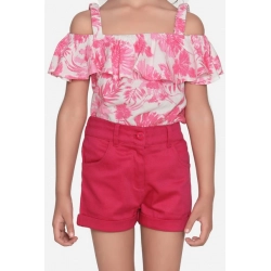 Girl's Cotton Floral Cold Shoulder Top and Shorts Set (Pink-Red)