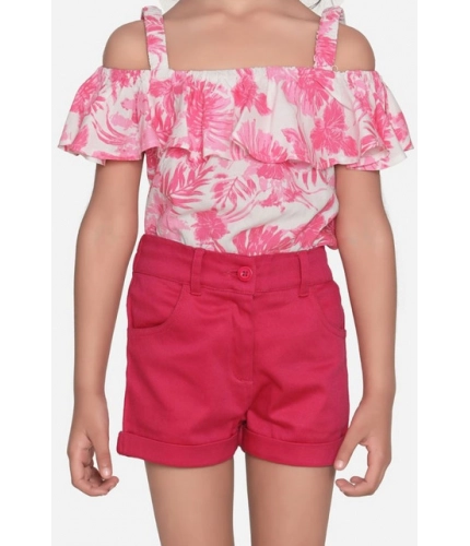 Girl's Cotton Floral Cold Shoulder Top and Shorts Set (Pink-Red)