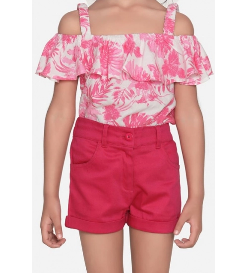 Girl's Cotton Floral Cold Shoulder Top and Shorts Set (Pink-Red)