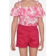 Girl's Cotton Floral Cold Shoulder Top and Shorts Set (Pink-Red) Girl's Cotton Floral Cold Shoulder Top and Shorts Set (Pink-Red)