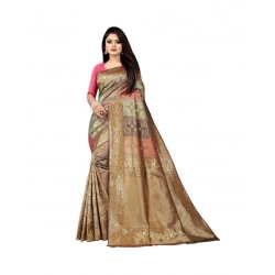 Women's Soft Lichi Silk Printed Saree With Unstitched Blouse 5.5Mtr (Gold)