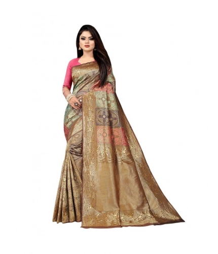 Women's Soft Lichi Silk Printed Saree With Unstitched Blouse 5.5Mtr (Gold)