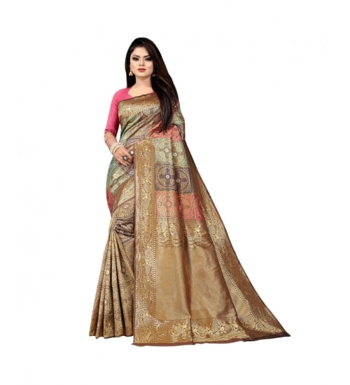 Women's Soft Lichi Silk Printed Saree With Unstitched Blouse 5.5Mtr (Gold)