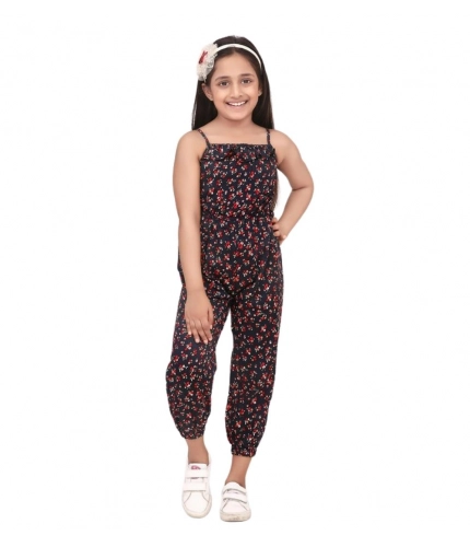 Girl's Rayon Floral Sleeveless Jumpsuit (Black-Red)