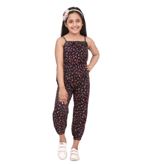 Girl's Rayon Floral Sleeveless Jumpsuit (Black-Red)