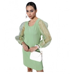 Women's Organza And Polyester Lycra Solid Long Sleeves Dress (Green)