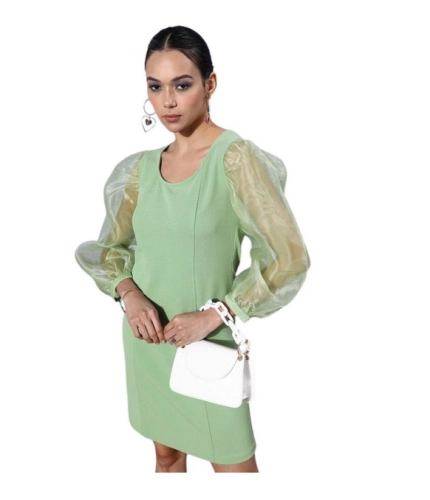 Women's Organza And Polyester Lycra Solid Long Sleeves Dress (Green)