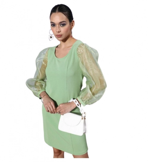 Women's Organza And Polyester Lycra Solid Long Sleeves Dress (Green)