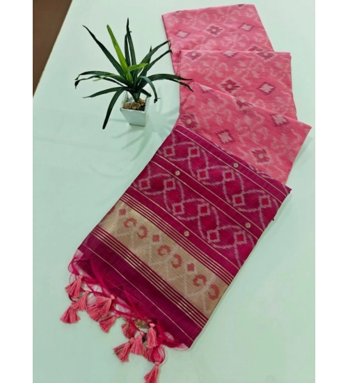 Women's Raw Silk Ikkat Saree With Unstitched Blouse 5.5Mtr (Pink)