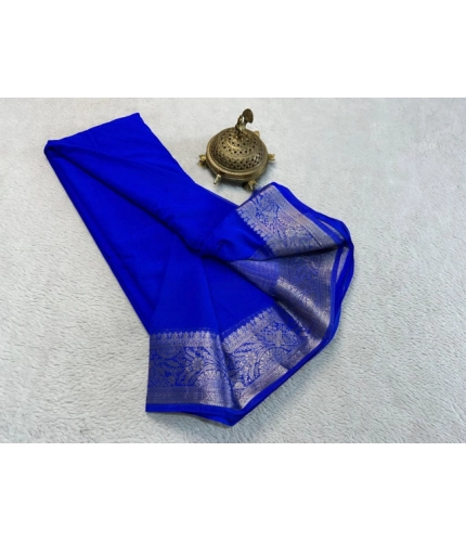Women's Crepe Chit Pallu Solid Saree With Unstitched Blouse 5.5Mtr (Navy Blue)