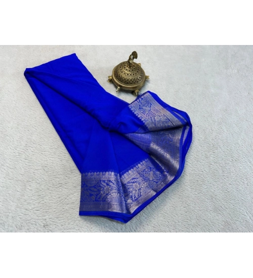Women's Crepe Chit Pallu Solid Saree With Unstitched Blouse 5.5Mtr (Navy Blue)