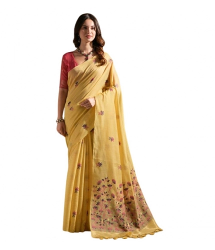 Women's Blended_Cotton Floral Saree With Unstitched Blouse 5.5Mtr (Mustard)