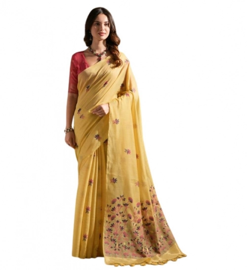 Women's Blended_Cotton Floral Saree With Unstitched Blouse 5.5Mtr (Mustard)
