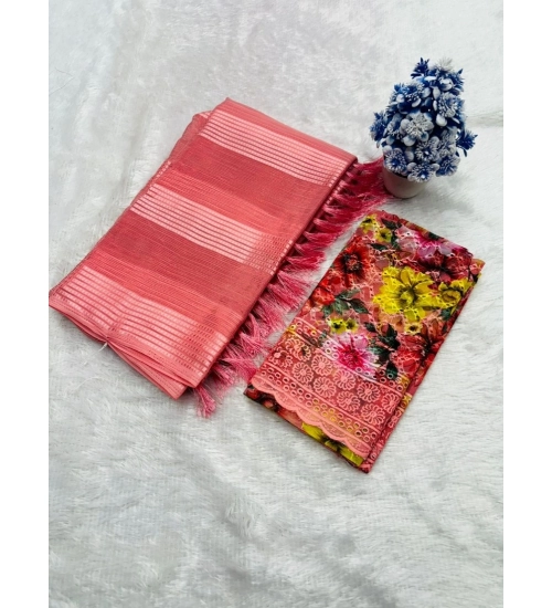 Women's Georgette Embroidered Saree With Unstitched Blouse 5.5Mtr (Red)